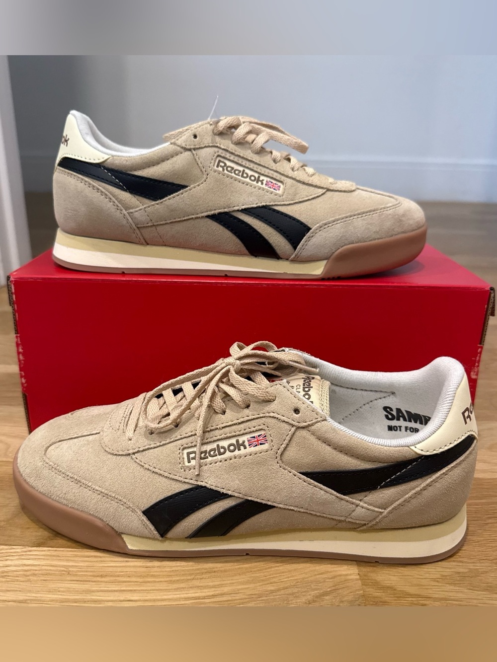 Reebok Men's Tan Suede Sneakers with Black Stripes Size 9